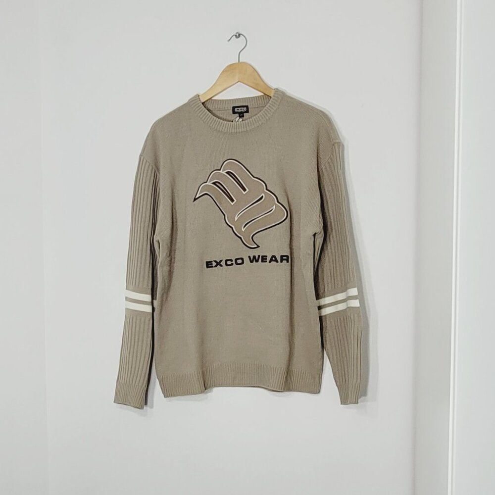 Exco Wear Vintage Beige Knit Long Sleeve Stripe Retro Crew Neck Pullover Sweater